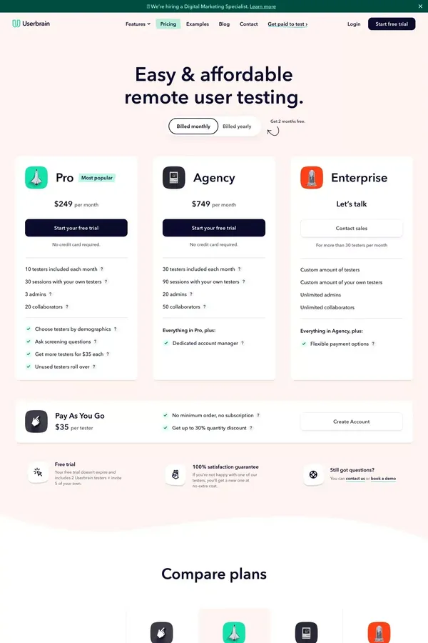 Pricing | Userbrain - User testing made simple - Pricing design inspiration