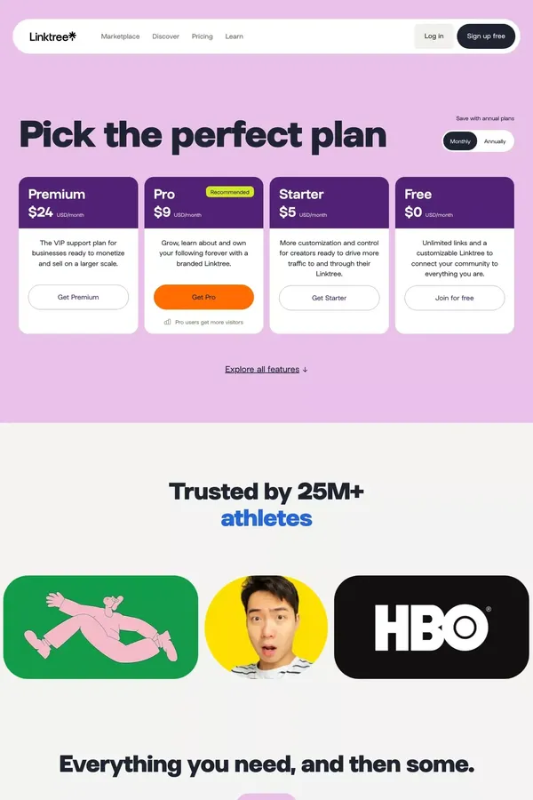 Linktree Free, Starter, Pro and Premium Pricing | Compare Features and Plans - Pricing design inspiration