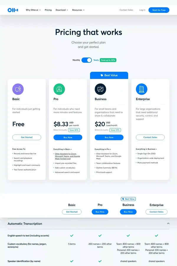 Otter Pricing - Basic, Pro, Business, Enterprise Plans | Otter.ai - Pricing design inspiration