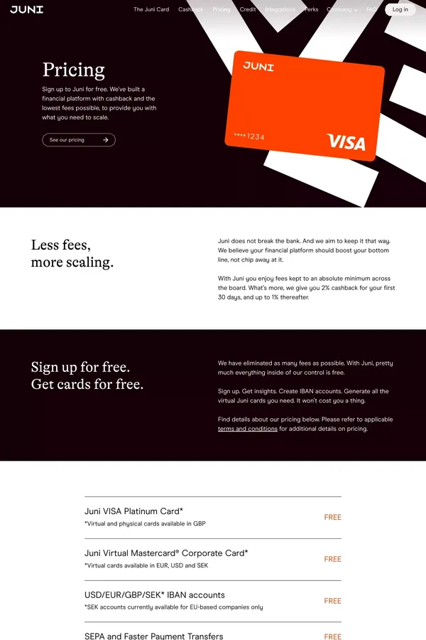 Juni pricing model - These are our credit card fees & charges - Pricing design inspiration