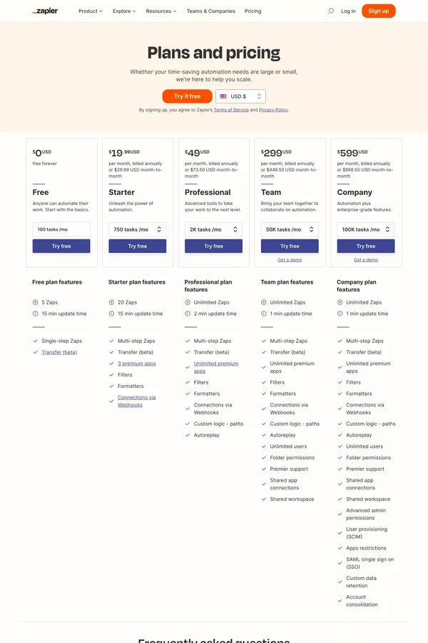 Plans & Pricing | Zapier - Pricing design inspiration