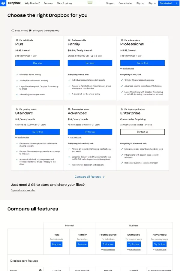 Compare All Dropbox Plans â Dropbox - Pricing design inspiration