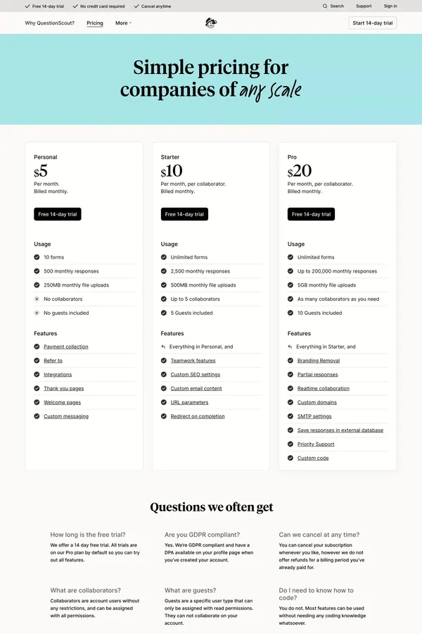 Plans & Pricing | QuestionScout - Pricing design inspiration