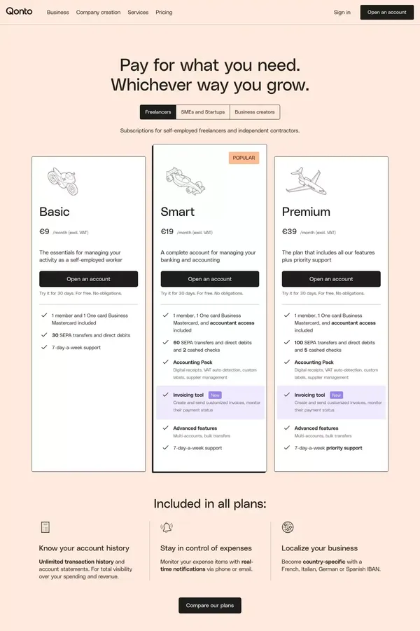 Pricing • Business Account for SMEs & Freelancers • Qonto - Pricing design inspiration