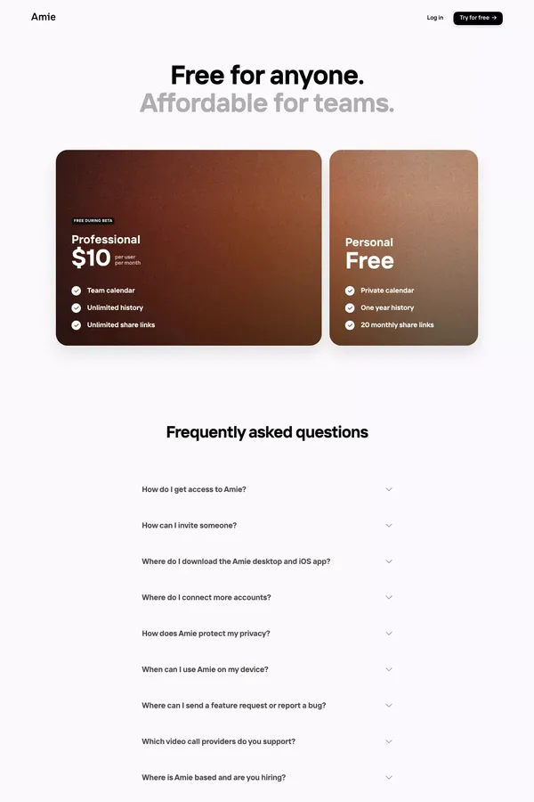 Amie - Joyful productivity - Pricing design inspiration