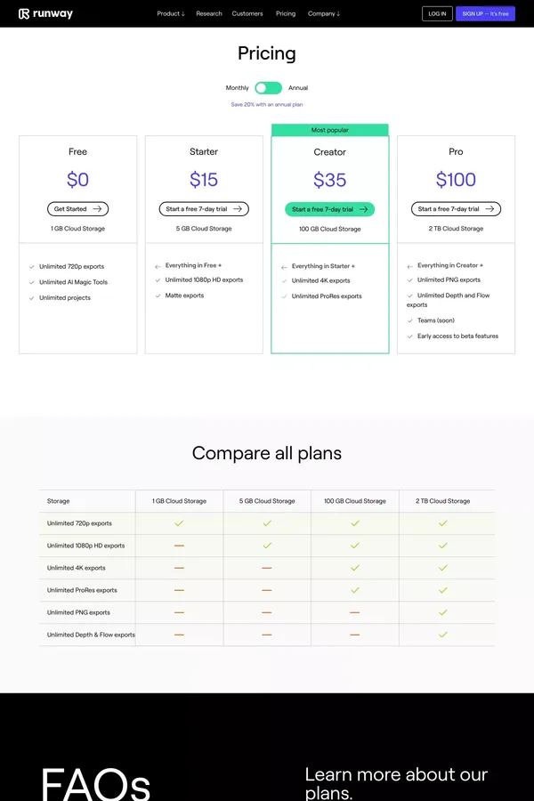 Runway Pricing | Start video editing for free - Pricing design inspiration