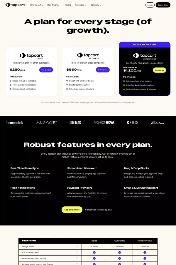 Plans & Pricing | Tapcart - Pricing design inspiration