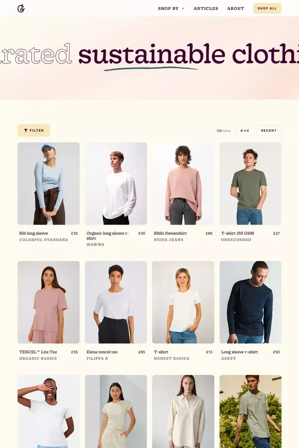 Good Garms · Shop all sustainable clothing - Product listing design inspiration