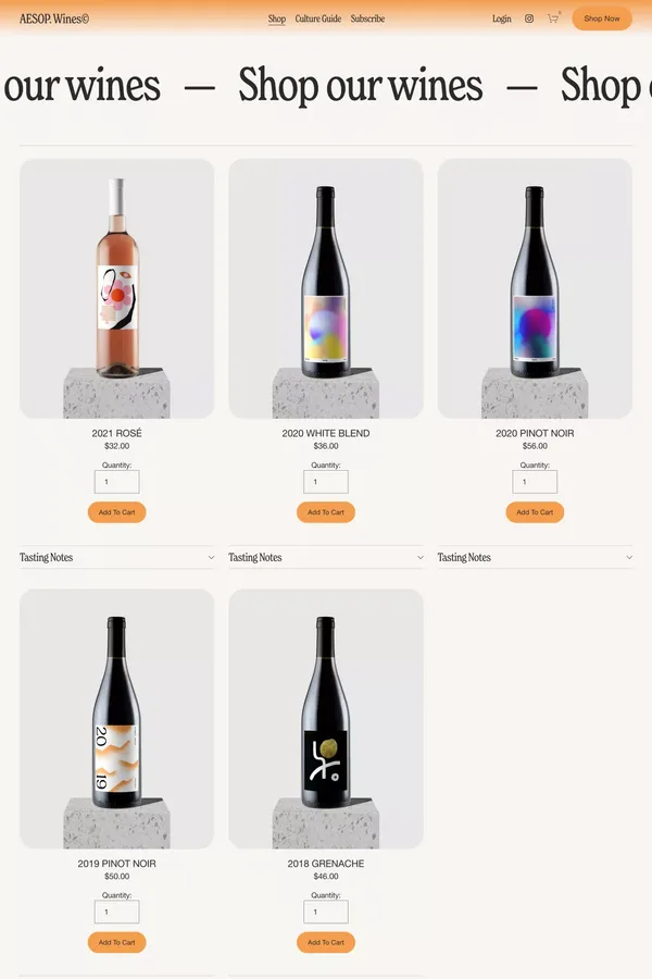 Shop — AESOP. Wines© - Product listing design inspiration