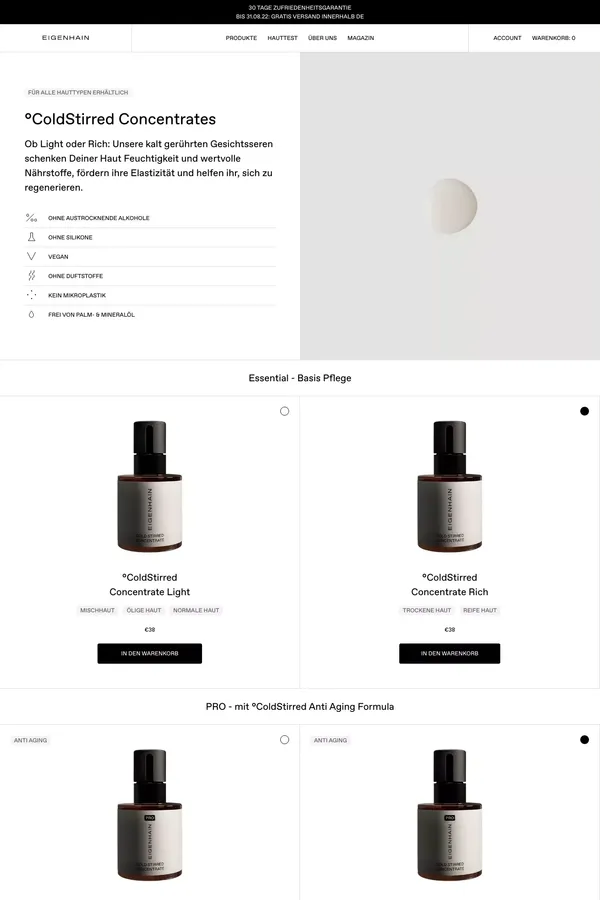 °ColdStirred Concentrates – EIGENHAIN Skincare - Product listing design inspiration