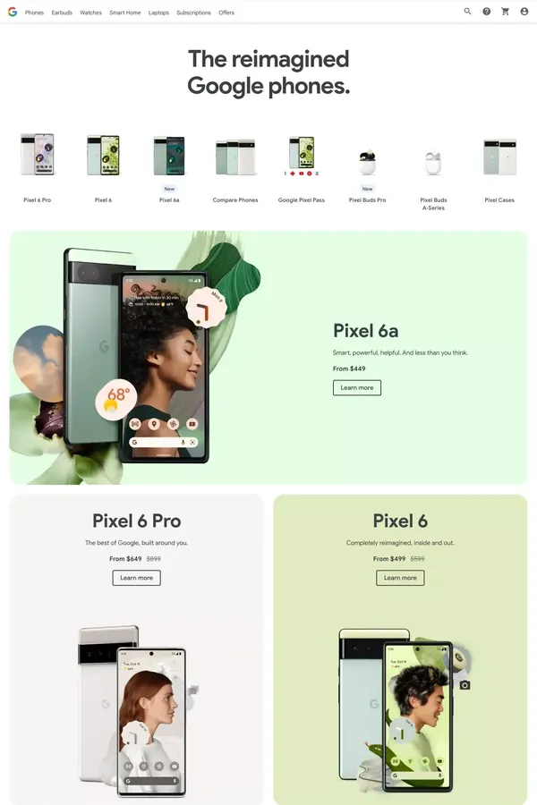 5G Google Pixel Phones - Google Store - Product listing design inspiration