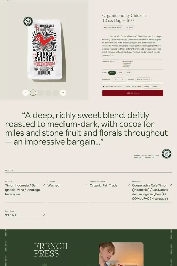 Organic Funky Chicken - Red Rooster Coffee - Product page design inspiration
