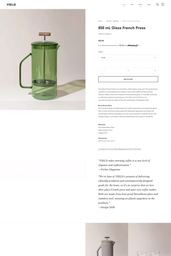 850 mL Glass French Press – YIELD - Product page design inspiration