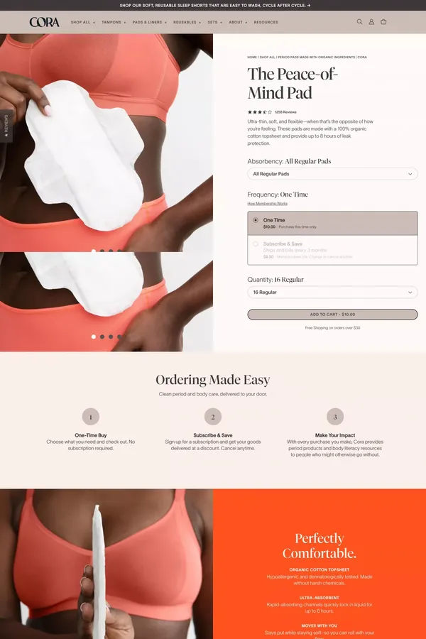 Period Pads Made With Organic Ingredients | Cora - Product page design inspiration