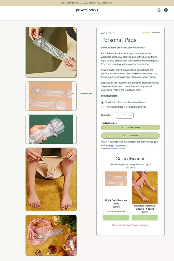 Shop Hot & Cold Vulva Personal Pads | Private Packs - Product page design inspiration