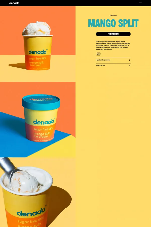 Mango Split | Sugar Free Denada Ice Cream - You're Welcome | Denada - Product page design inspiration