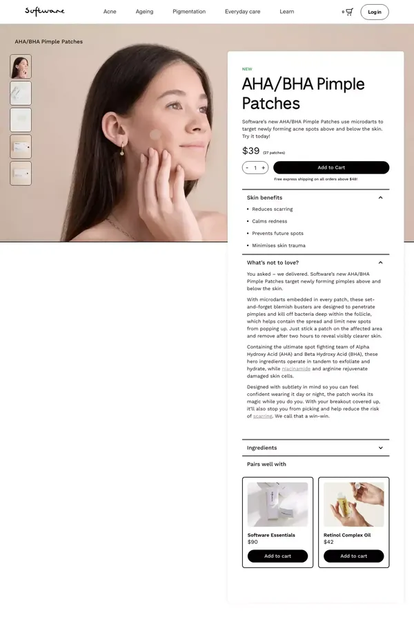AHA/BHA Microdart Pimple Patch | Software - Product page design inspiration