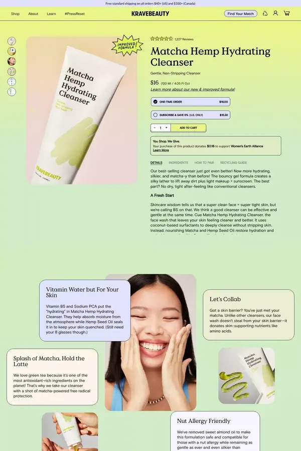 Matcha Hemp Hydrating Cleanser: Cleanser For Sensitive Skin – KraveBeauty - Product page design inspiration