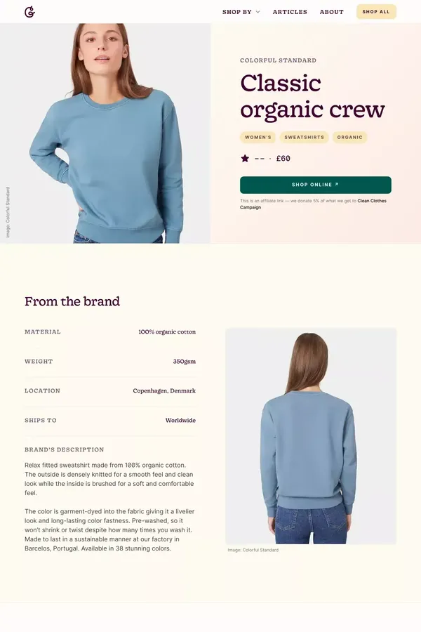 Colorful Standard: Classic organic crew  · Sustainability review - Product page design inspiration