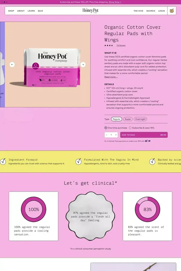 Regular Pads with Wings | Herbal Sanitary Pads– The Honey Pot - Feminine Care - Product page design inspiration