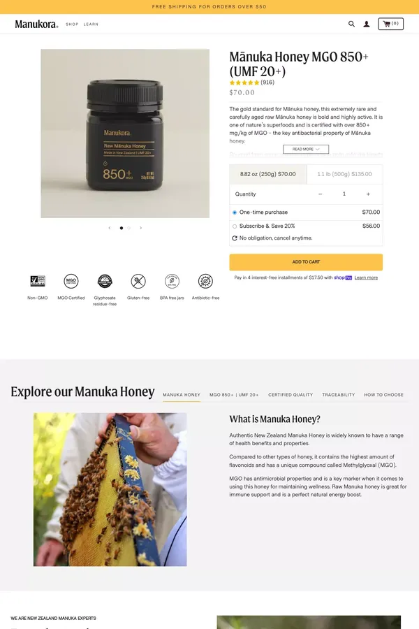 Raw Mānuka Honey UMF 20+ (MGO 850+) | Manukora - Product page design inspiration