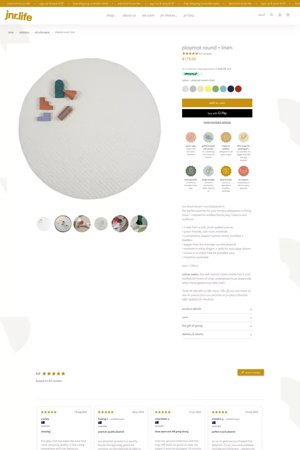 jnr.life round playmat • linen • quilted | jnr.life - Product page design inspiration