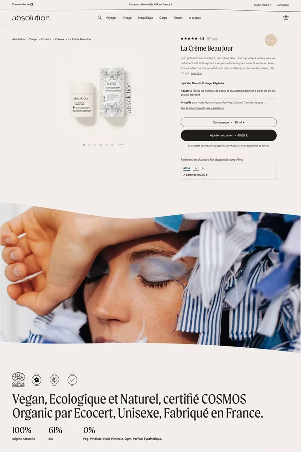 La Crème Beau Jour : Acide Hyaluronique, Chaga et Patchouli CBD-like - Product page design inspiration