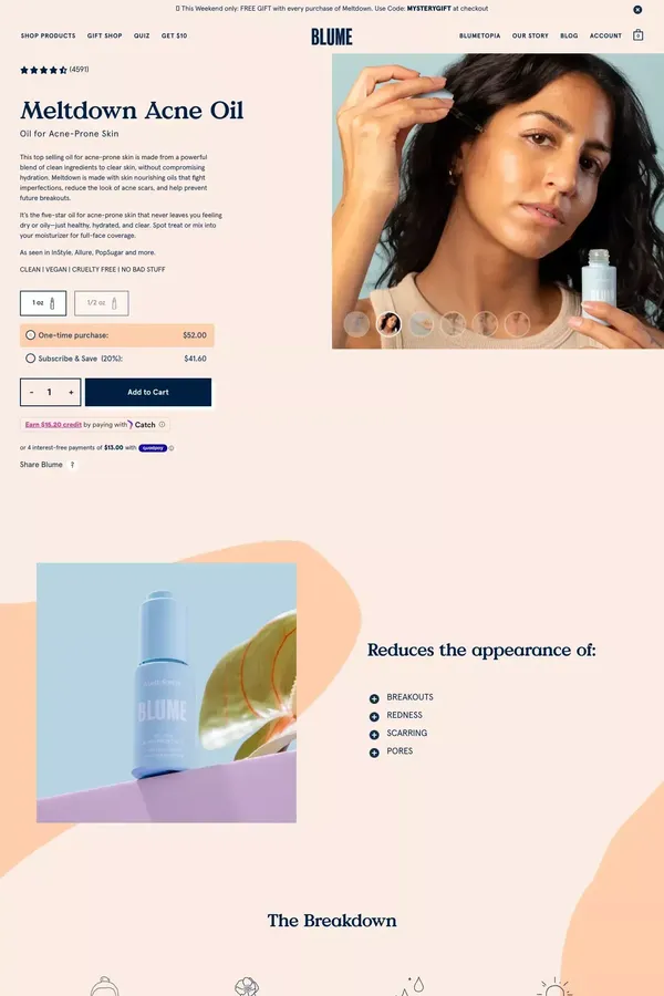 Blume Meltdown Acne Oil | Natural Spot Treatment For Acne-Prone Skin - Product page design inspiration
