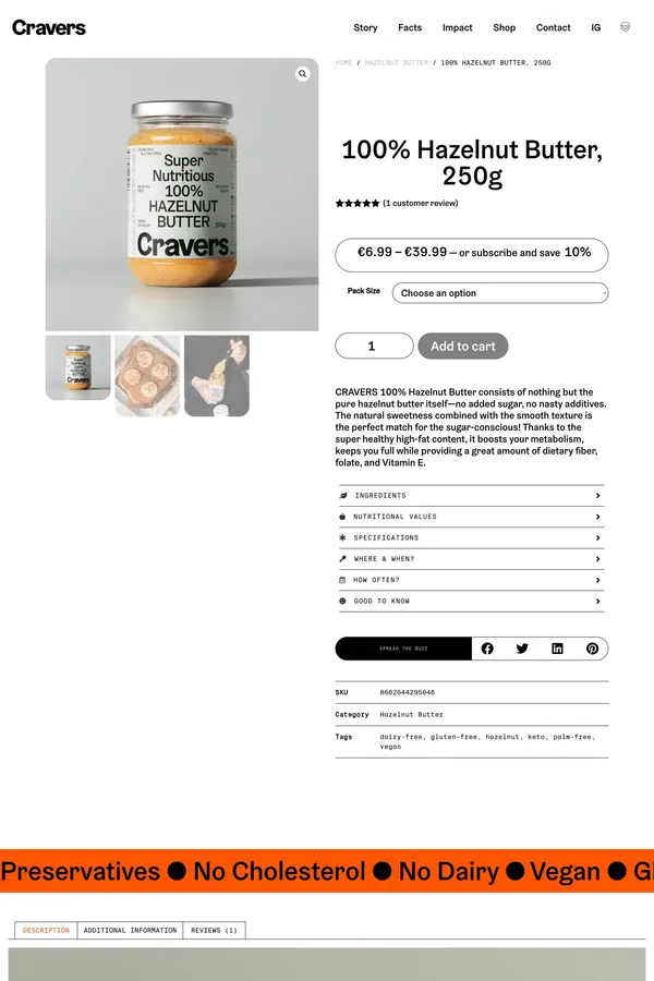 100% Hazelnut Butter, 250g | CRAVERS - IS IT TOMORROW YET? - Product page design inspiration