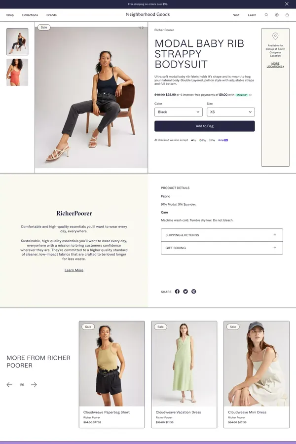 Modal Baby Rib Strappy Bodysuit by Richer Poorer/ Neighborhood Goods - Product page design inspiration