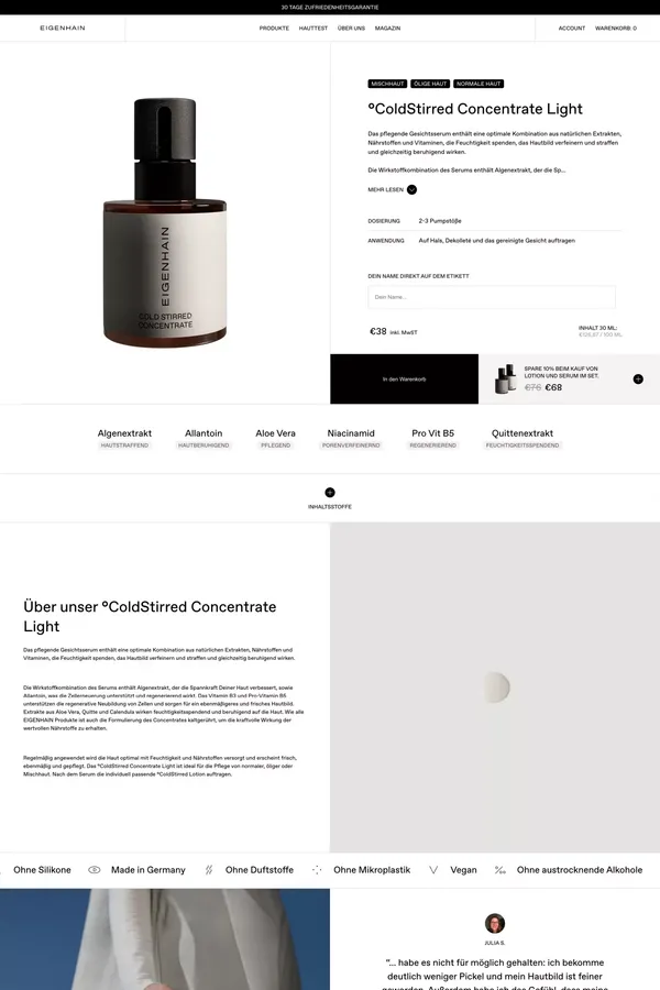 °ColdStirred Concentrate Light – EIGENHAIN Skincare - Product page design inspiration