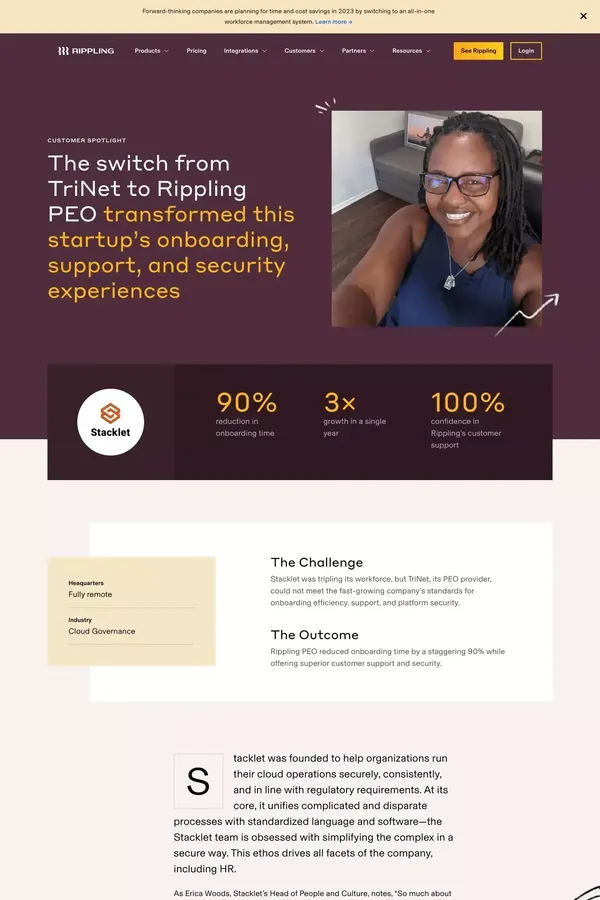 The switch from TriNet to Rippling PEO transformed Stacklet's onboarding, support, and security experiences - Case Study design inspiration