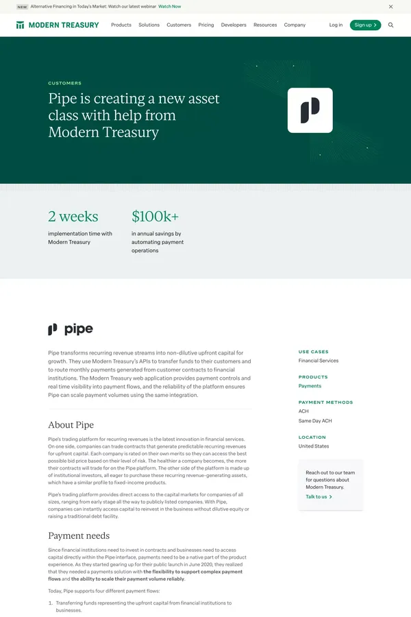 Customer Case Study: Pipe | Modern Treasury - Case Study design inspiration