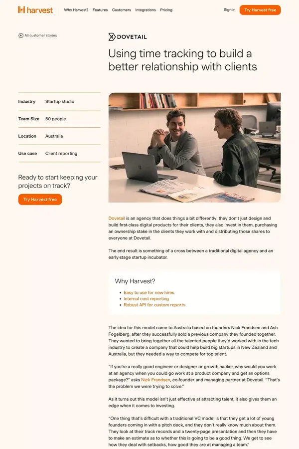 Customer Story: Using Time Tracking to Build Trust - Harvest - Case Study design inspiration