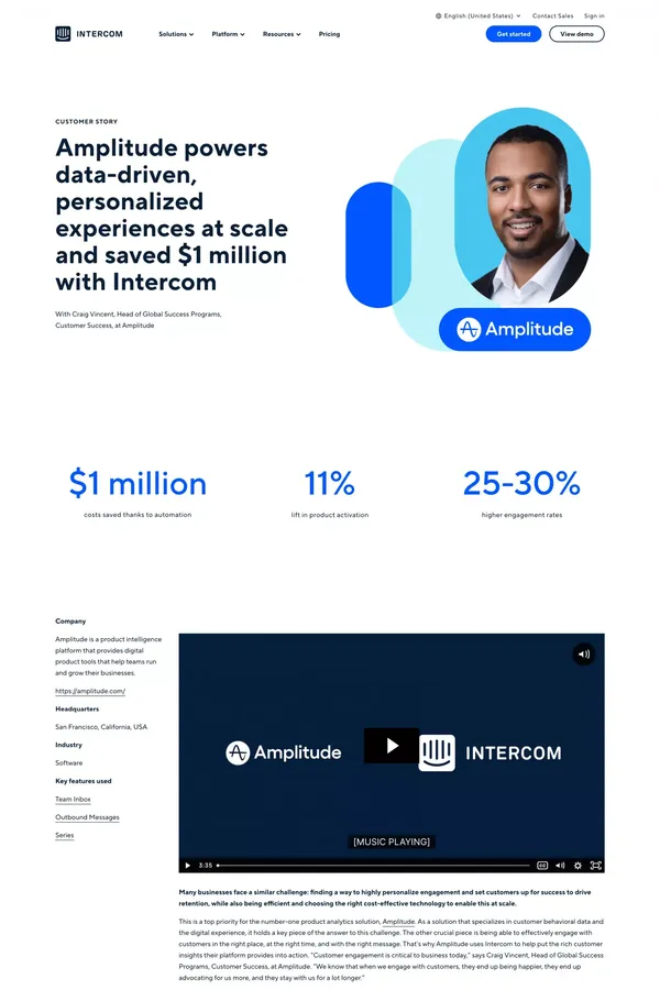 Amplitude powers data-driven, personalized experiences at scale and saved $1 million with Intercom - Case Study design inspiration