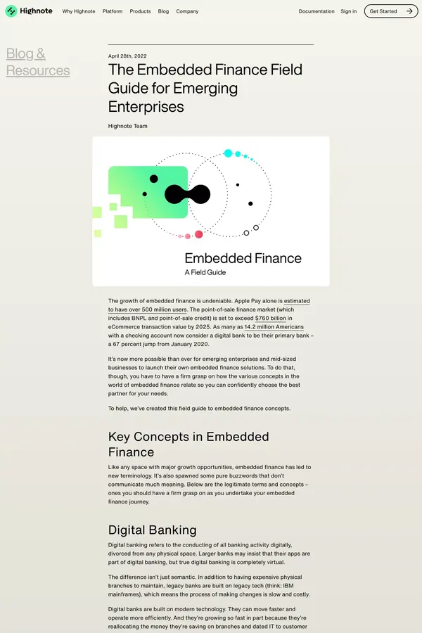 Highnote Blog: The Embedded Finance Field Guide for Emerging Enterprises - Blog Post design inspiration