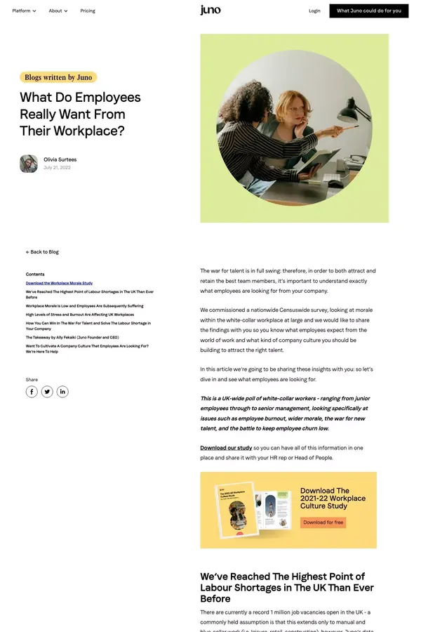 What Do Employees Really Want From Their Workplace?:  Juno Blog - Blog Post design inspiration