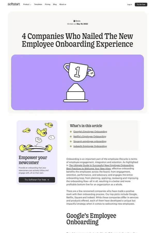 4 Companies Who Nailed The New Employee Onboarding Experience - softstart - Blog Post design inspiration