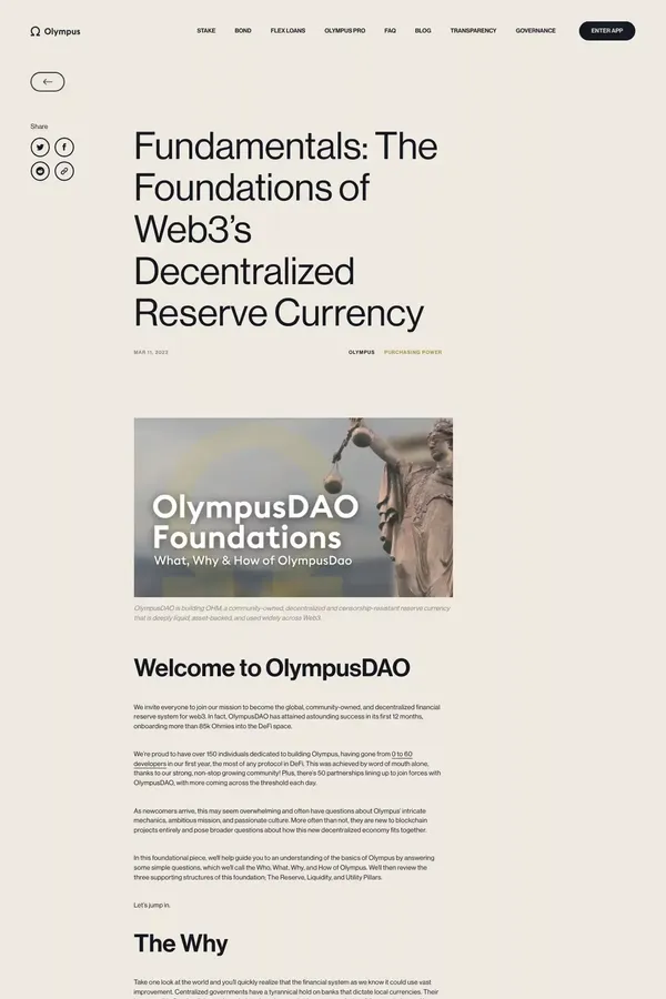 Olympus Blog | Fundamentals: The Foundations of Web3’s Decentralized Reserve Currency - Blog Post design inspiration