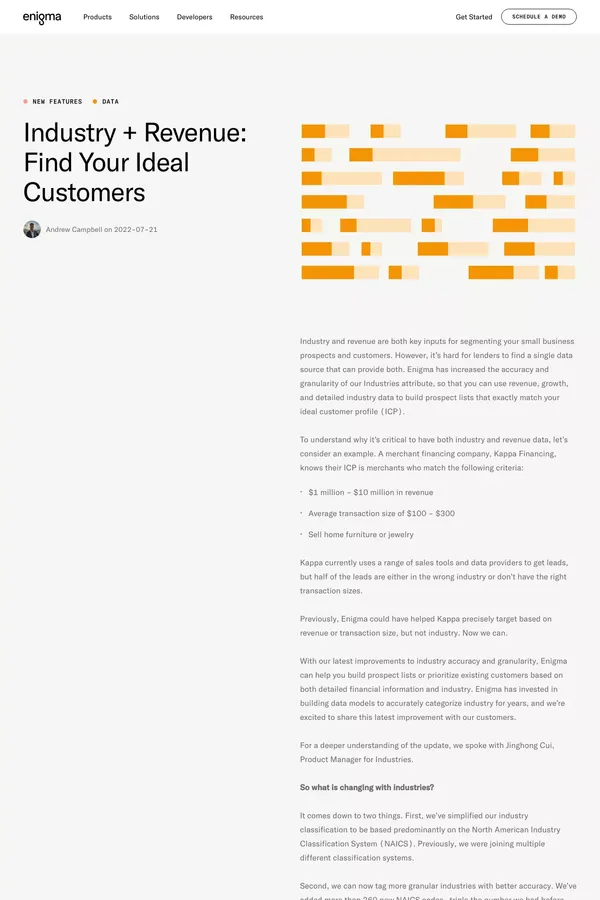 Industry + Revenue: Find Your Ideal Customers | Enigma - Blog Post design inspiration