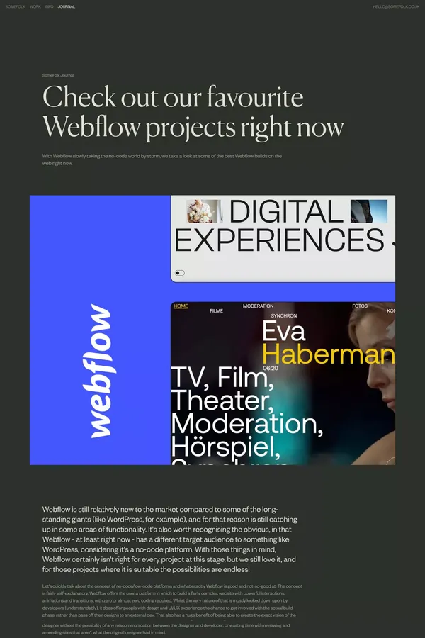 Check out our favourite Webflow projects right now | Journal | SomeFolk - Blog Post design inspiration