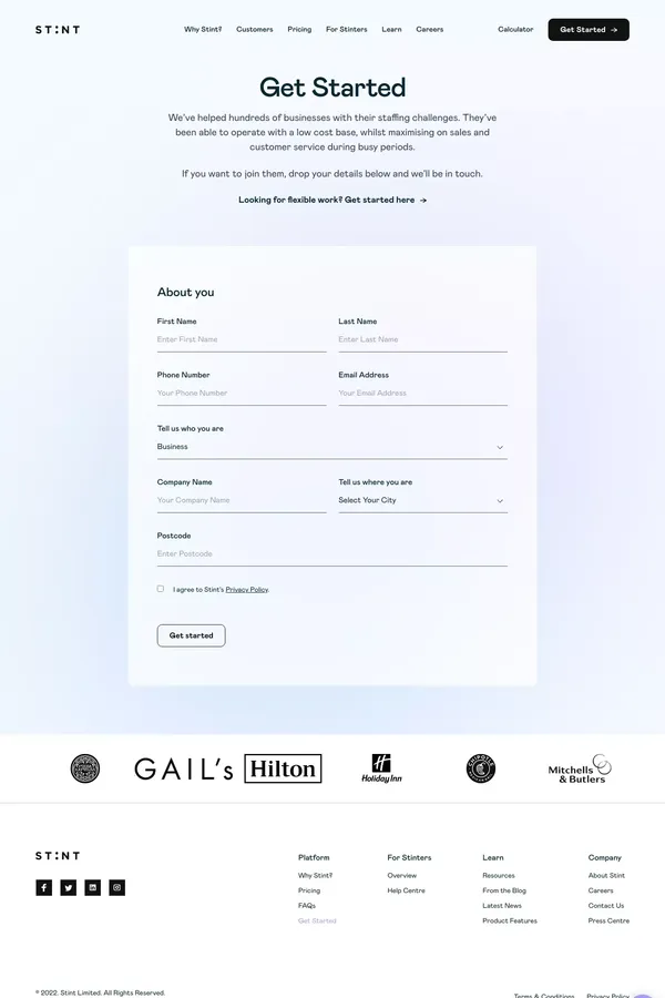 Stint - Get Started and try Stint today - Sign Up design inspiration