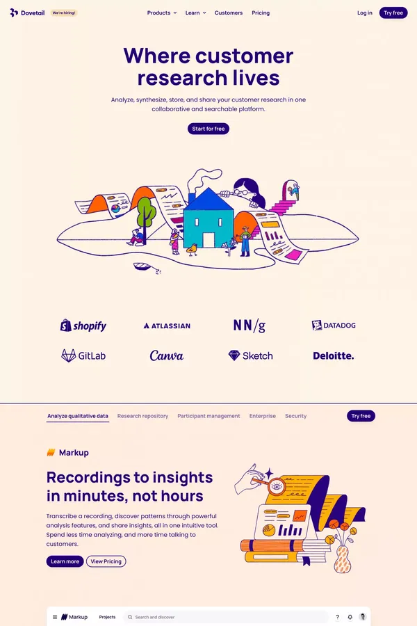Customer knowledge platform - Dovetail - Landing design inspiration