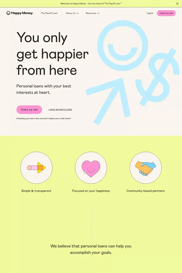 Personal Loans, Made Personal - Happy Money - Landing design inspiration