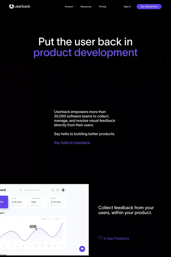 Userback | Put the user back in product development - Landing design inspiration