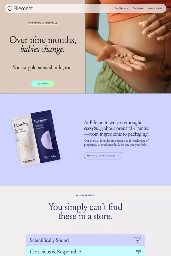 Prenatal supplements that grow with your baby — Ellement - Landing design inspiration