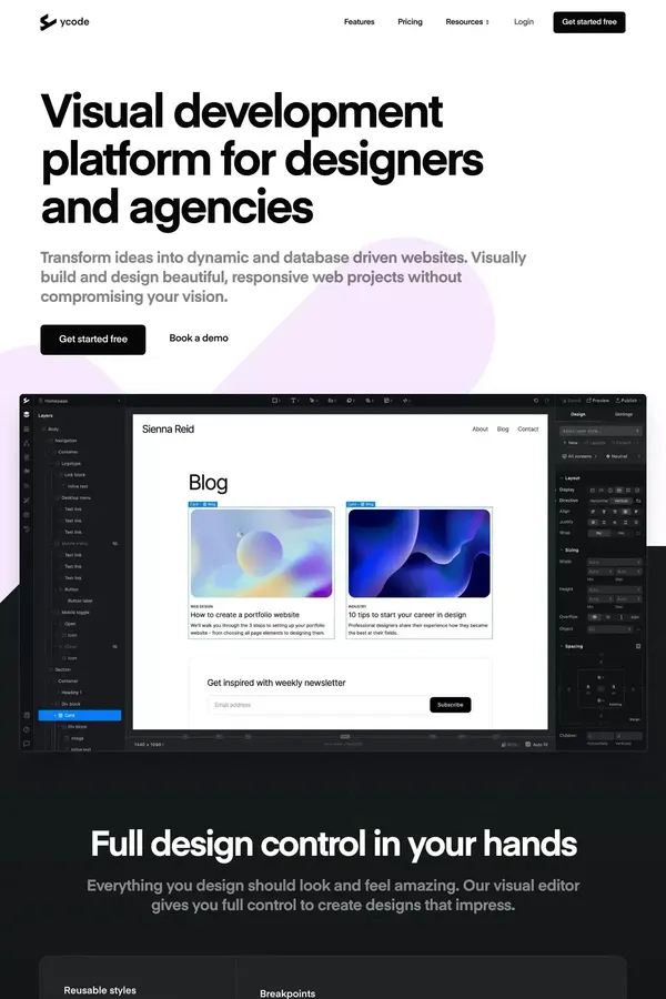 Visual development platform for designers and agencies - Ycode - Landing design inspiration