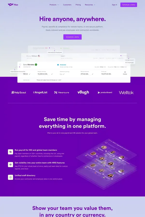 Pilot: Hire Anywhere | Global payroll, benefits & compliance - Landing design inspiration
