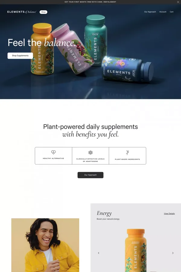 Plant-Powered Supplements, Benefits You Feel | Elements | Elements of Balance - Ecommerce design inspiration
