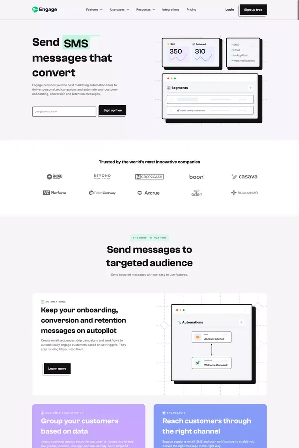 Send emails, SMS and in-app messages that convert – Engage - Landing design inspiration